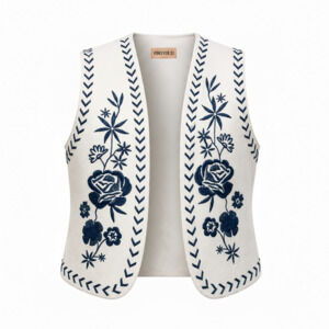 Forever 21 White and Blue Floral Embroidered Open Front Waistcoat